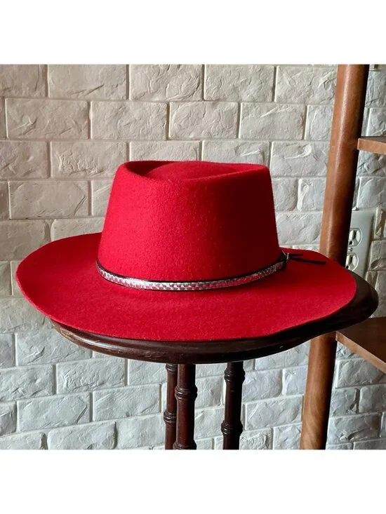 VIntage Red 100% Wool Felt Western Hat Silver Concho Hatband - Picture 8 of 11